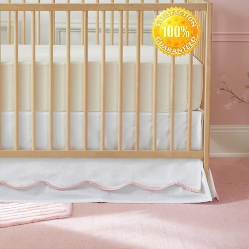 Brandream Scallop Edge Cotton Crib Skirt Toddler Bedskirt Baby Nursery Crib Bed Skirt Double Layer Boho Bohemian Neutral Solid Color Cream Off White with Pink Edge Farmhouse Chic Skirt
