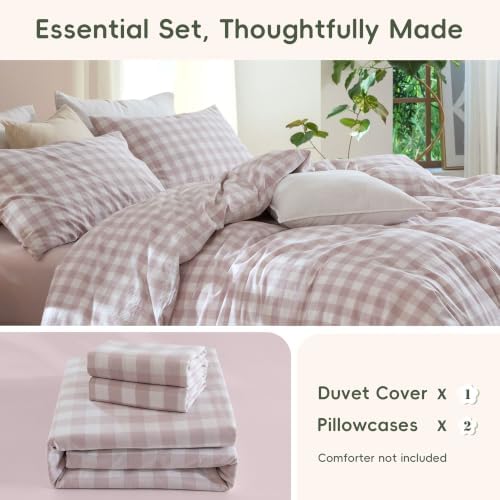 JIYUAN Queen Washed Cotton Duvet Cover Set, 3-Piece, Large Gingham