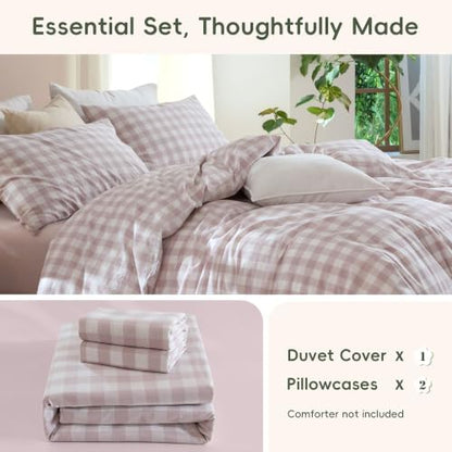 JIYUAN Full Washed Cotton Duvet Cover Set, 3-Piece, Large Gingham