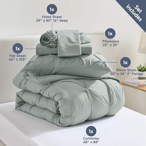 Nestl 7 Piece Twin XL Comforter Set – Sage Green Pinch Pleated Bed in a Bag – Complete Twin XL Size Bedding Set with Sheets, Set of 2 Cooling Pillows, Pillowcase and Sham