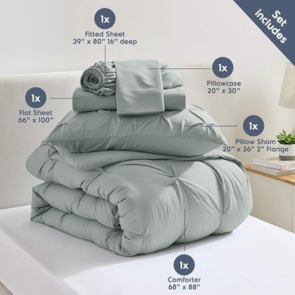 Nestl 7 Piece Twin XL Comforter Set – Sage Green Pinch Pleated Bed in a Bag – Complete Twin XL Size Bedding Set with Sheets, Set of 2 Cooling Pillows, Pillowcase and Sham