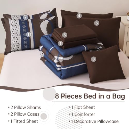 Blue Brown Comforter Set Full Size,8 Pieces Patchwork Striped Bed in a Bag