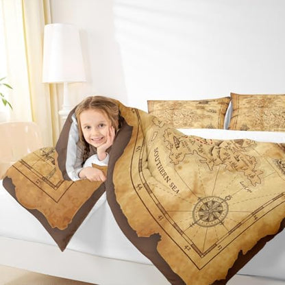 Nautical Map Comforter Set Twin Size,Pirate Boat Compass Bedding Set 2Pcs,Kids Boys Teens Adult Bedroom Decor Ocean Adventure Quilt Set Vintage Brown Duvet Insert with 1 Pillowcase