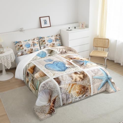 Erosebridal Beach Comforter Set, Ocean Themed Bedding Set Full Size Coastal Nature Duvet Sets Starfish Love Heart Bedding Comforters for Kids Boys Girls Teens Adult Bedroom Decor