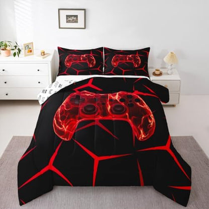Castle Fairy Kids Game 3 Pcs Queen Size Comforter Set,Gaming Honeycomb Red Down Alternative Adults Bedroom Decor,Game Controller Gamepad Ultra Soft Microfiber Inner Fill 3Pcs Bedding