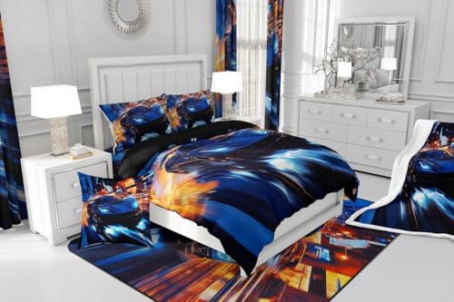 Erosebridal Kids Boys Sports Bedding Set - King Size Blue Race Car Comforter Set for Kids Teens Room Decor - Extreme Sports Theme Bed Set - Cool Speed Luxury Car Decor Quilt Set - Soft for All Season
