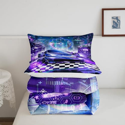 Feelyou Boys Purple Race Car Full Size Bedding Set Kids Racing Car Decor Comforter Extreme Sports Car Comforter Set for Teens Honeycomb Grid Car Comforter Quilt Set Car Room Decorations