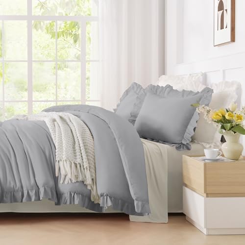 Andency Silver Gray Ruffle Comforter Twin XL, 2 Pieces Solid Farmhouse Bed