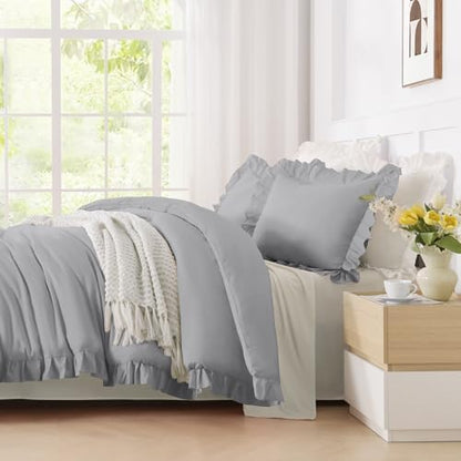 Andency Silver Gray Ruffle Comforter Twin XL, 2 Pieces Solid Farmhouse Bed