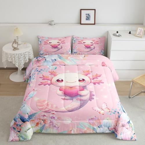 Feelyou Pink Cute Axolotl Comforter Set Queen Size Kids Cartoon Salamander Bedding Set for Boys Girls Flower Floral Print Duvet Quilt Kawaii Reptile Animal Ocean Sealife Room Decor