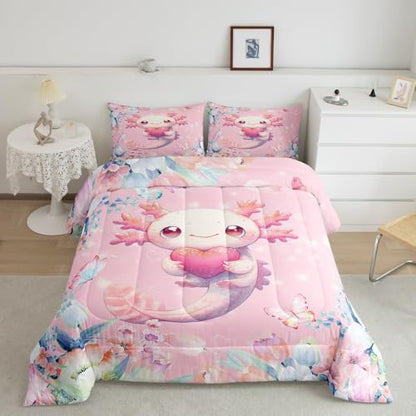 Feelyou Pink Cute Axolotl Comforter Set Queen Size Kids Cartoon Salamander Bedding Set for Boys Girls Flower Floral Print Duvet Quilt Kawaii Reptile Animal Ocean Sealife Room Decor