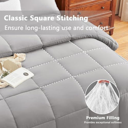 CozyLux Queen Size Comforter Set, 3-Piece Box-Stitched, French Grey