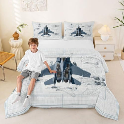 Erosebridal Fighter Aircraft Kids Comforter Sets Military Jet Full Bedding Set for Boys Girls Hand Drawn Grid Aircraft Comforter Set Modern Flying Airplane Quilt Duvet 3 Pcs