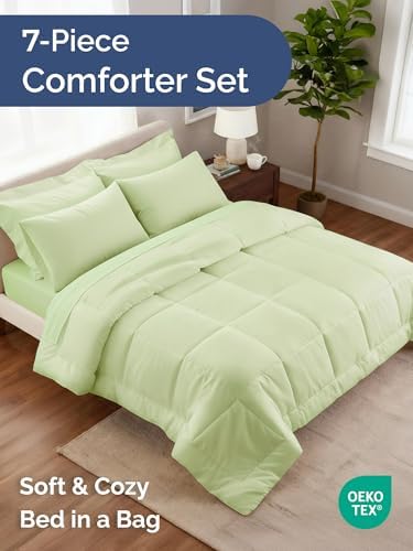 King Comforter Set - 7 Piece Bed in a Bag King Size - Light Sage Green