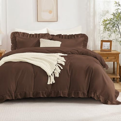 Andency Brown Ruffle Duvet Cover Queen, Shabby Chic Farmhouse Bedding Set