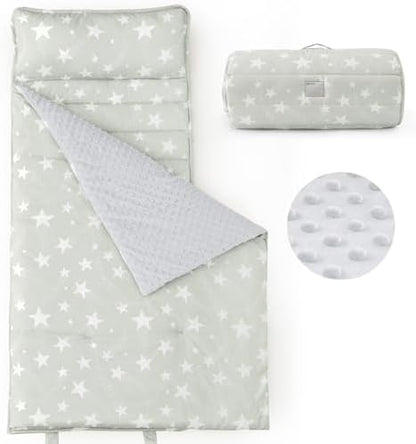 PHF Toddler Nap Mat with Removable Pillow and Minky Blanket, Rollup Design Kids Sleeping Mat, Slumber Bags for Boys Girls, 55"x23" Toddler Sleeping Bag for Daycare Preschool Travel Camping, Stars