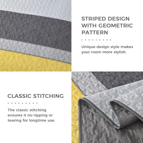 Cottolester Boho King Size Quilt Set,Yellow Grey Striped Bedsperad Coverlet