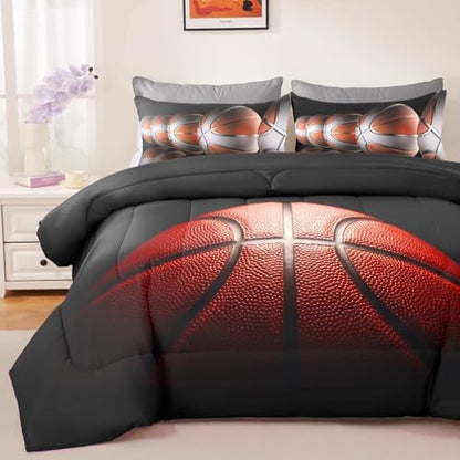 Teens Boys Sports Comforter Set Full,Basketball Bedding Set for Kids,Sports Orange Basketball Comforter Sets,Black Teenage Boy Bedroom Bed Set 3 Pieces with Pillowcases