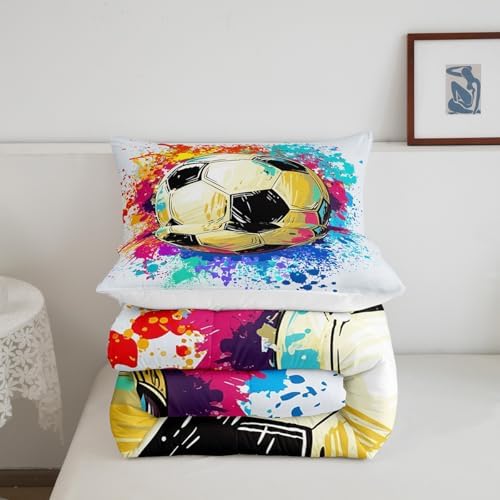 Castle Fairy Soccer Comforter Set Twin Size,Watercolor Tie-dye Duvet Insert for Kid Teen Boys Girls Room Decor,Sports Game Quilted Duvet,Colorful Graffiti Hip Hop Quilt Cover with 1 Pillowcase