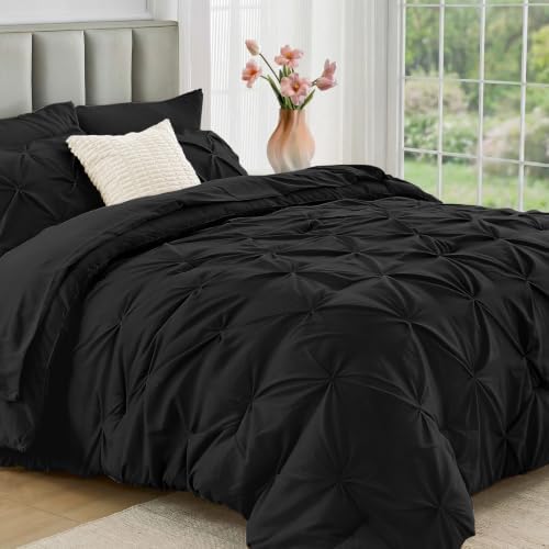JOLLYVOGUE King Size Comforter Set 7 Pieces - Bed in a Bag King for All Season, Pintuck Bedding Comforter Sets with Comforter, Flat Sheet, Fitted Sheet and Pillowcases & Shams, Black