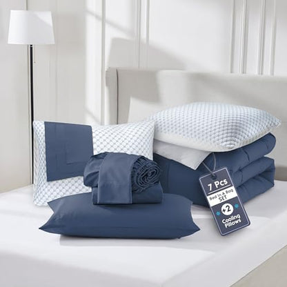 Nestl 9 Piece California King Comforter Set – Navy Reversible Bed in a Bag – Complete Cal King Size Bedding Set with Sheets, Set of 2 Cooling Pillows, Pillowcases and Shams