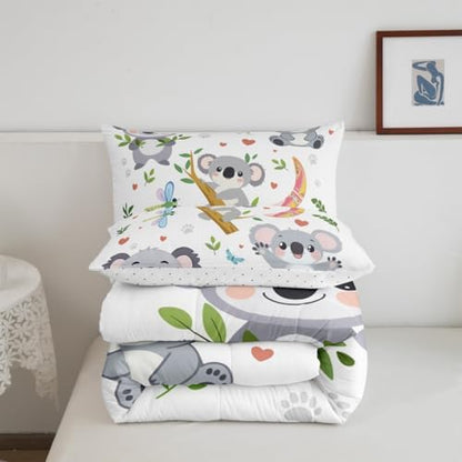 Cute Koala Comforter Set Queen Size,Kawaii Cartoon Animal Bedding Sets for Kids Girls Boys Adult Room Decor,Tropical Leaves Down Comforter Butterfly Dragonfly Paw Print Quilt Set,2 Pillowcases