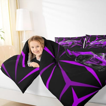 Castle Fairy Purple Race Car Bedding Set with 2 Pillowcases,Abstract Art Racing Car Comforter Set for Teens Adult Room,Extreme Sports Ultra Soft Bedding Set King Size,3 Pcs