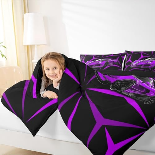 Castle Fairy Purple Race Car Comforter Set Full Size,Abstract Art Racing Car Duvet Sets for Kids Teens Adults Bedroom Decor,Extreme Sports Ultra Soft Bedding Comforter,3 Pcs