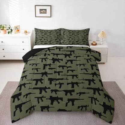 Erosebridal Machine Guns Comforter Set for Boys Youth Teens Men Twin Size,Military Theme Bedding Set,Army Rifle Pattern Bedding Comforter,Soft Luxury Quilted Duvet Set Bedroom Decor Army Green 2 Pcs