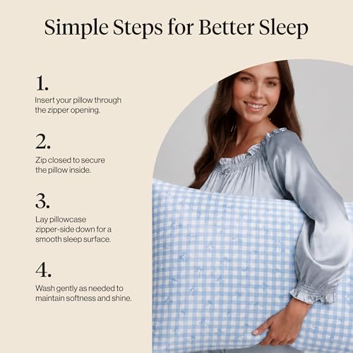 Kitsch Satin Pillowcase with Zipper - Standard Size, Gingham Blue