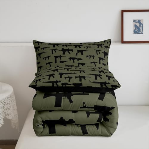 Erosebridal Machine Guns Comforter Set for Boys Youth Teens Men King Size,Military Theme Bedding Set,Army Rifle Pattern Bedding Comforter,Soft Luxury Quilted Duvet Set Bedroom Decor Army Green 3 Pcs