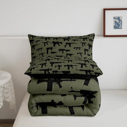 Erosebridal Machine Guns Comforter Set for Boys Youth Teens Men Twin Size,Military Theme Bedding Set,Army Rifle Pattern Bedding Comforter,Soft Luxury Quilted Duvet Set Bedroom Decor Army Green 2 Pcs