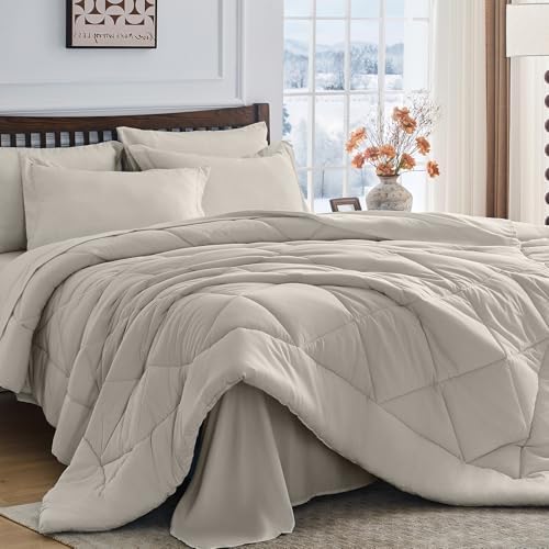 HEVUMYI 7-Piece Queen Comforter Set, Oatmeal Bed in a Bag
