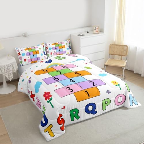 jejeloiu Alphabet ABC Comforter Set All Season Number Learning Bedding Set with 2 Pillow Cases Colorful Educational Microfiber Kids King Bedclothes Bedroom Decor Duvet Quilt