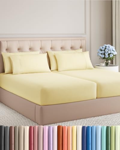 Split King 7 Piece Bed Sheet Set - Breathable & Cooling - Butter Yellow
