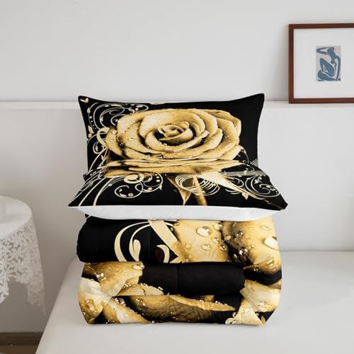 Feelyou Yellow Rose Floral Comforter Set King Size Couple Valentine's Day Botanical Comforter for Girls Women Lover Music Blossom Flowers Bedding Set Romantic Duvet Set Room Decor