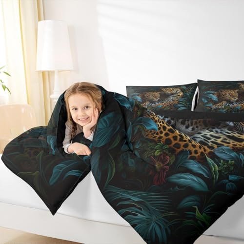 Jungle Cheetah Kids Comforter Set Twin Size,Palm Leaves Tropical Plant Botanical Bedding Set,Girls Boys Room Decor,Wildlife Leopard Animal Quilt Comforter,Brown Rustic Duvet Insert,1 Pillowcase