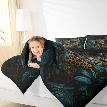 Jungle Cheetah Kids Comforter Set Twin Size,Palm Leaves Tropical Plant Botanical Bedding Set,Girls Boys Room Decor,Wildlife Leopard Animal Quilt Comforter,Brown Rustic Duvet Insert,1 Pillowcase