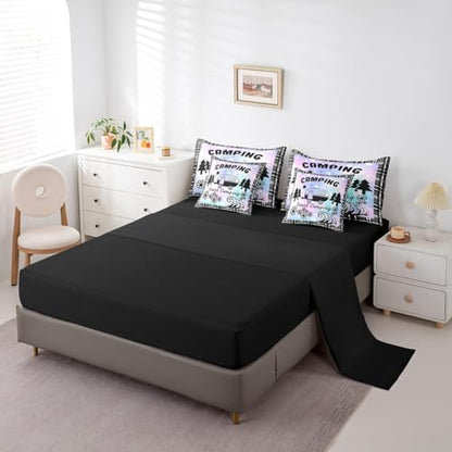 Erosebridal Happy Camping 7 Pcs Comforter Set King,Camper Accessories Bedding Set for Kids Boys Teens,Ultra Soft Black Sketch Drawing Bed in a Bag,Retro Farmhouse Travel Car Quilted Comforter