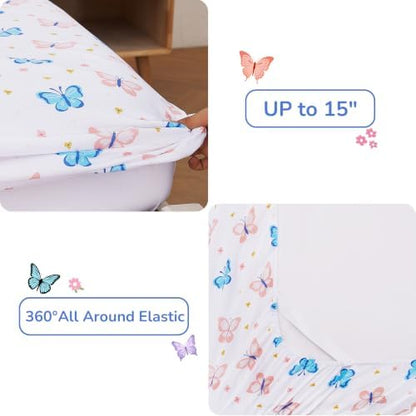 Viviland Kids Bedding Set Twin Size Comforter Sets, Bed in Purple Butterfly Cover Set for Children