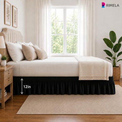 Black Bed Skirt Queen Size 12 Inch Drop, Elastic Wrap Around Bedskirt