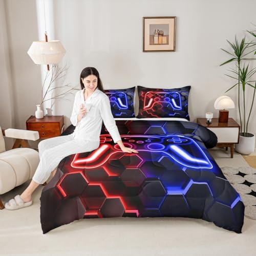 Erosebridal Gaming Comforter Set Neon Honeycomb Gamer King Bedding Set, Retro Game Console Comforter Red Blue Hexagon Lights Duvet Insert,Gaming Decor for Boys Bedroom