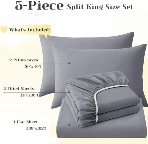 P Pothuiny 5-Piece Split King Sheets Set, Light Gray Soft Microfiber Fabric