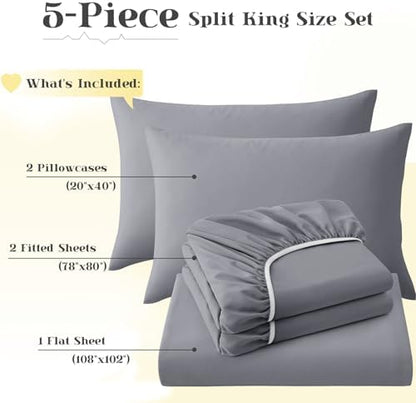 P Pothuiny 5-Piece Split King Sheets Set, Light Gray Soft Microfiber Fabric