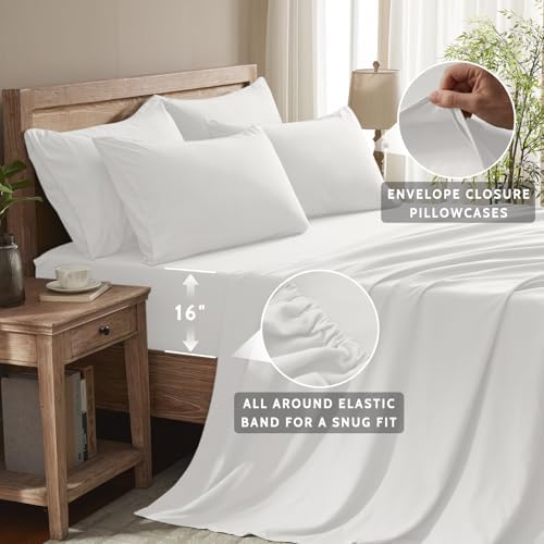 King Size Sheets Set - 6 Piece Luxuriously Soft & Cooling Sheets King Size - Ultra Soft 16" Deep Pocket King Sheet Set - Fitted Sheet & Pillowcase Sets (King White)