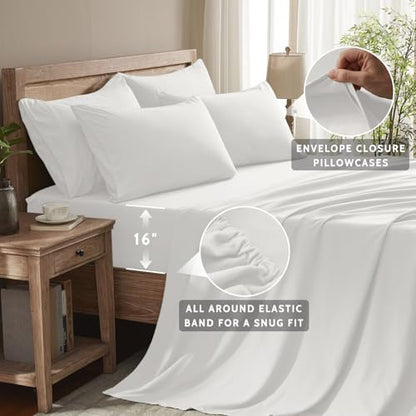 King Size Sheets Set - 6 Piece Luxuriously Soft & Cooling Sheets King Size - Ultra Soft 16" Deep Pocket King Sheet Set - Fitted Sheet & Pillowcase Sets (King White)