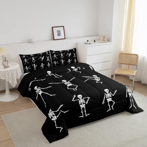 Erosebridal Sugar Skull Comforter Set Twin Size Skeleton Bones Bedding Set for Kids Boys Girls Teens Adult Halloween Horror Theme Down Comforter Gothic Spooky Duvet Sets with 1 Pillow Case