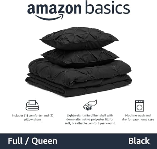 Amazon Basics 3-Piece All-Season Soft Down-Alternative Comforter Bedding Set, Pinch Pleat Design with Piped Edges, Full/Queen, Black