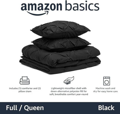 Amazon Basics 3-Piece All-Season Soft Down-Alternative Comforter Bedding Set, Pinch Pleat Design with Piped Edges, Full/Queen, Black