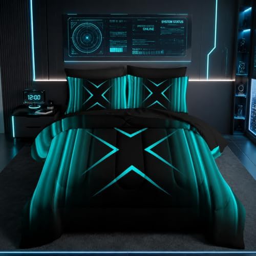 Nttopship Turquoise Black Geometric Comforter Set King Size 7Pieces,3D Abstract Mordern Printed Bedding Set for Adults,Geometric Mordern Decor All Seasons with Pillowcases,Flat, Fitted Sheet